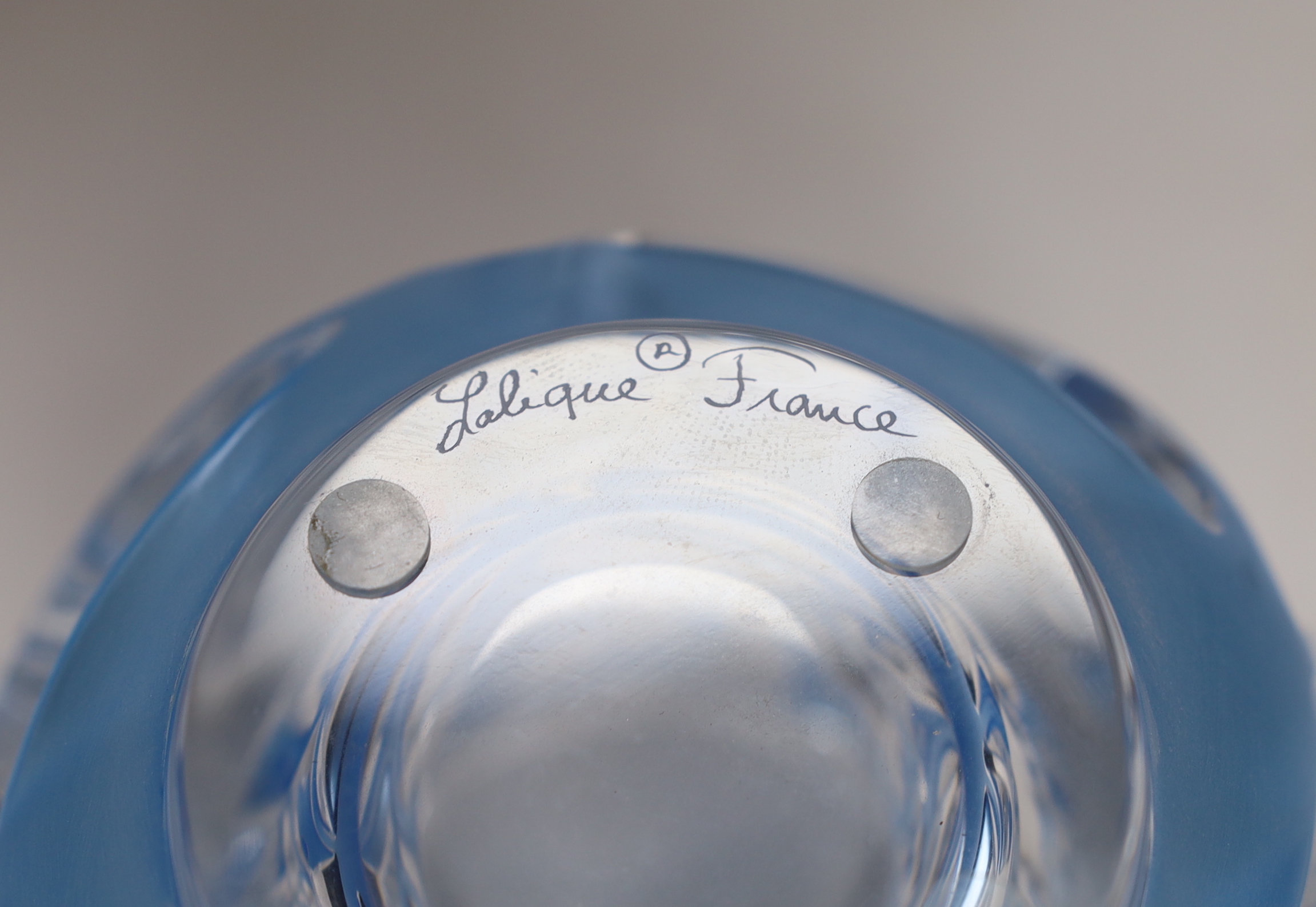 A modern Lalique Tourbillons blue overlaid glass vase with box, signed to the base, 13cm high